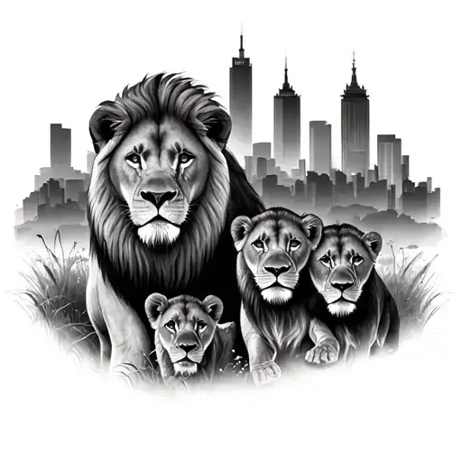 Realism Male And Female Lion With 2 Cubs With City Landscape Background