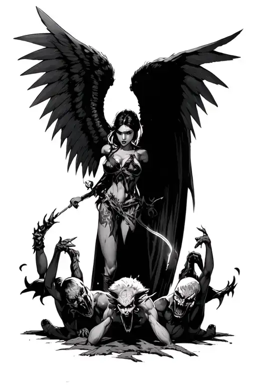 Battle Angel With Defeated Demons On The Ground Paying Respect