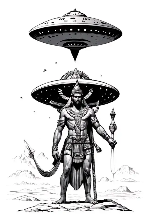 Sumerian God Enki With Large Ufo In The Background