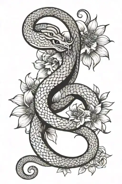 Moon Snake And Flower Intertwined