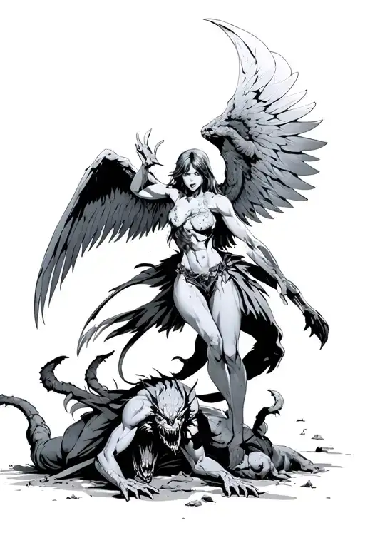 Battle Angel With Defeated Demons On The Ground Protecting Himself