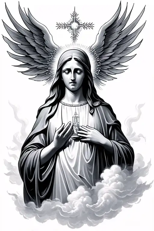 Holy Mary Crying With Aura Surrounding And Under Her Clouds