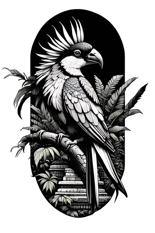 Quetzal Perched On A Branch Infront Of Mayan Temples With Jungle And Overgrown Plants