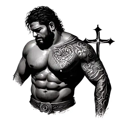Samoan Half Chest And Half Sleeve With A Cross On Shoulder