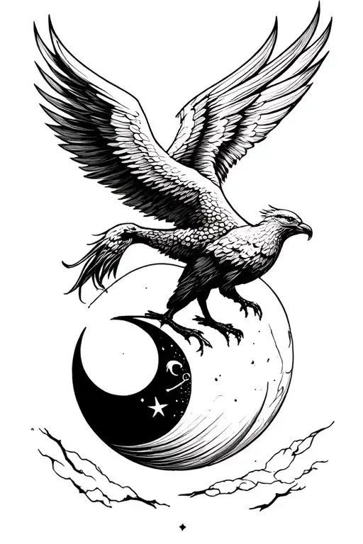 Moon Phase And Phoenix Rising Simple Line Drawing