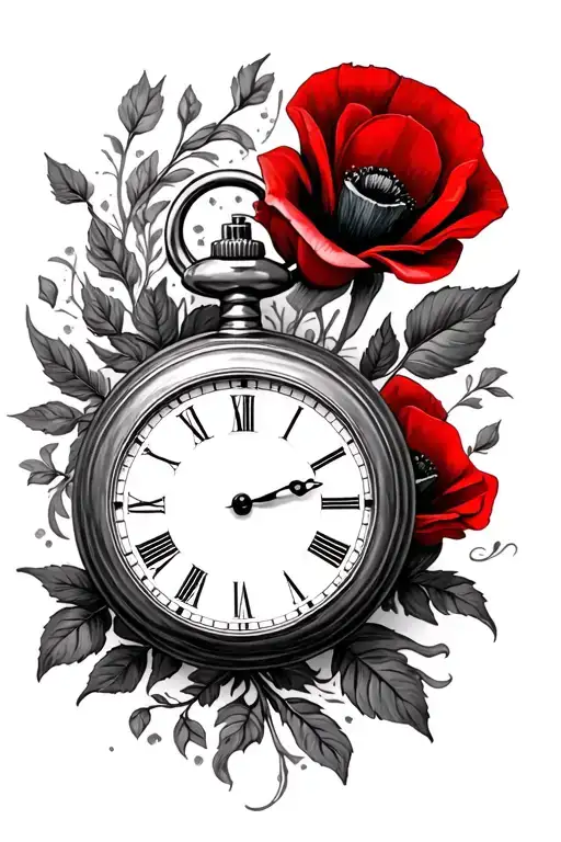 Gentleman's Pocket Watch Surrounded By A Rose And A Poppy