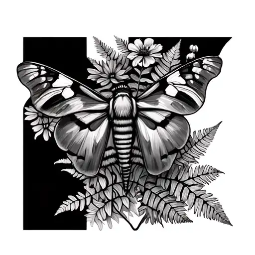 Moth With Fern And Flowers In The Background