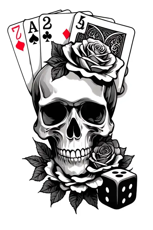 Skull And Roses And Dice And 5 Poker Cards With 7 2 6 2 5 In That Exact Order