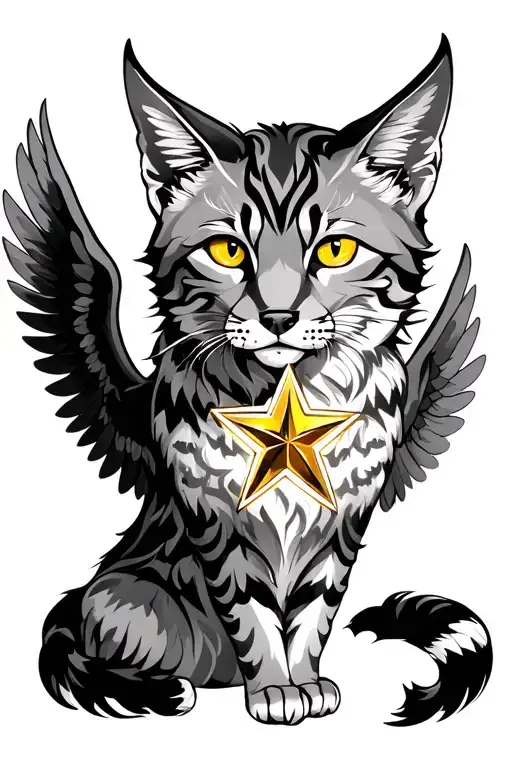 Lynx With Wings Holding A Star With Yellow Eyes