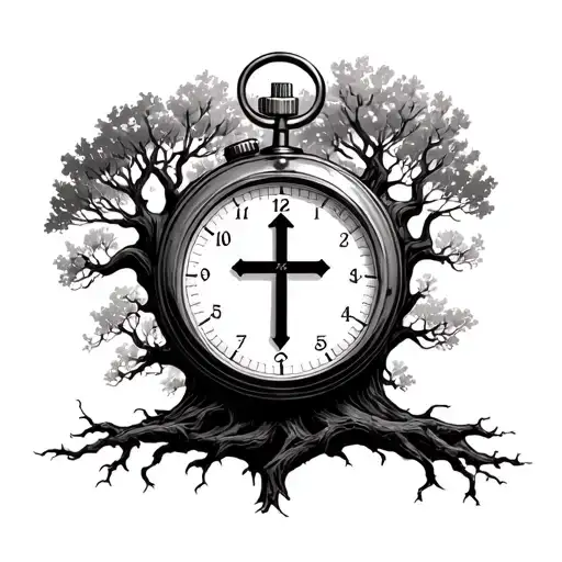 Christian Cross And A Stopwatch Inside Of A Tree