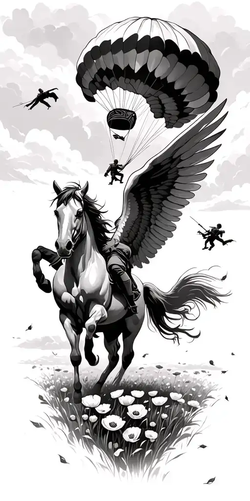Pegasus Horse With Wings With Soliders Parachuting In The Back Ground And A Field Of Poppy's