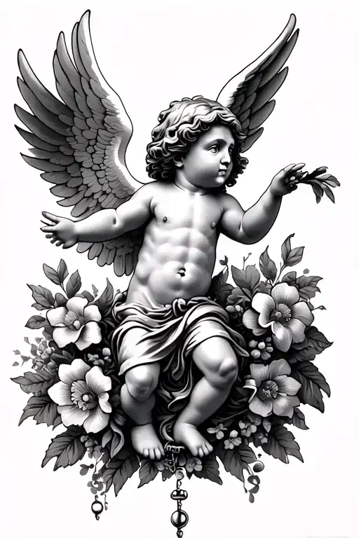 Cherub With Flowers As The Wings Flying With Rosary Beads Below The Cherub Kouros Style