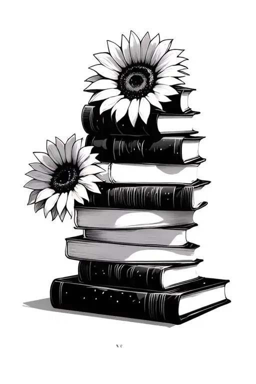 Messy Geometric Dark Themed Books Stacked Incorporating Sunflowers
