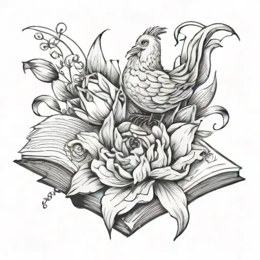 Flower Head Open Book Arms With Tulip And Hen