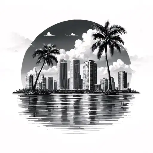 Miami Skyline And Palm Trees