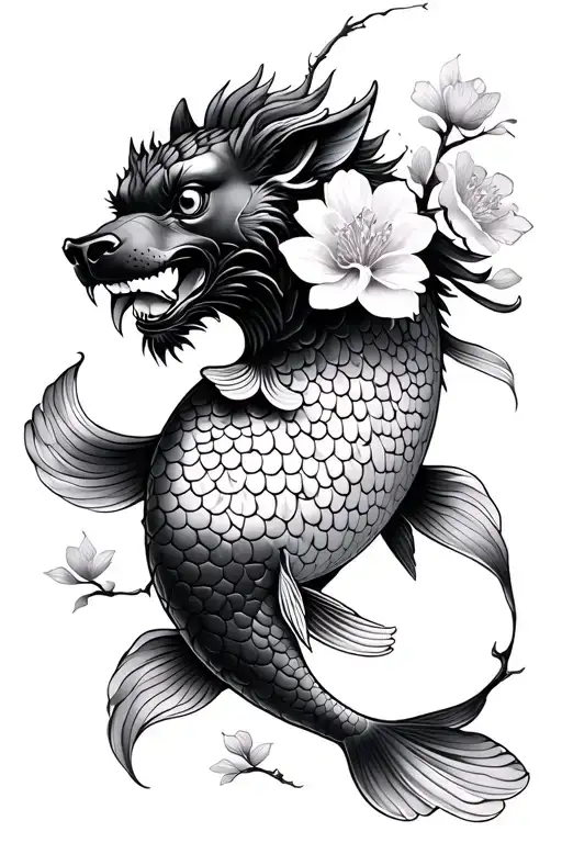 Foo Dog And Koi Fish Cherry Blossom