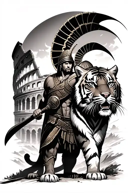 The Battle Of The Spartan Warrior With A Tiger Against The Background Of The Coliseum