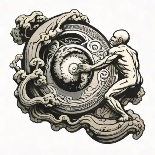 Yin Yang Sisyphus Pushing A Boulder Gazing At Earth's