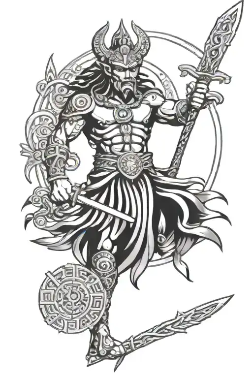 Mayan God Of Life Intertwined With Celtic Knot And Warrior With Sword In Traditional Style