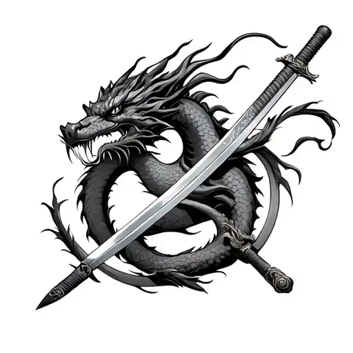 Asian Dragon Surrounding A Katana Swords Drawn