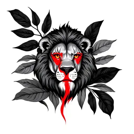 Lion With Claw Mark Across Eye In Red Behind Jungle Leaves