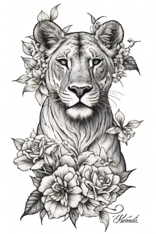 Lioness Surrounded By Flowers