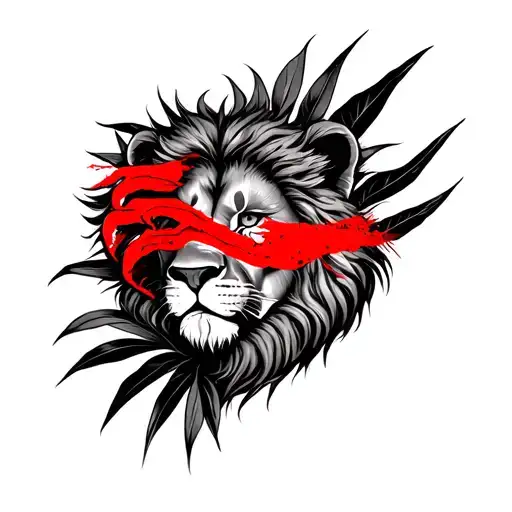 Lion With Claw Mark Across Eye In Red Hidden Behind Jungle Leaves