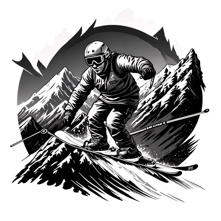 A Tattoo Design Of A Skier Conquering A Challenging Mountain Peak