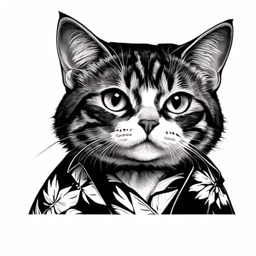 Simple Contour Cat In A Hawaiian Shirt With Rolled Sleeves