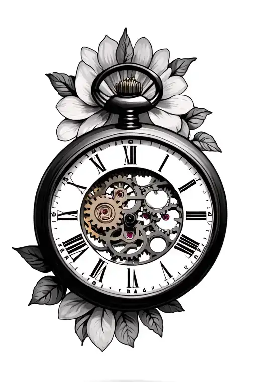 Pocket Watch With Gears Inside The Middle With Flowers