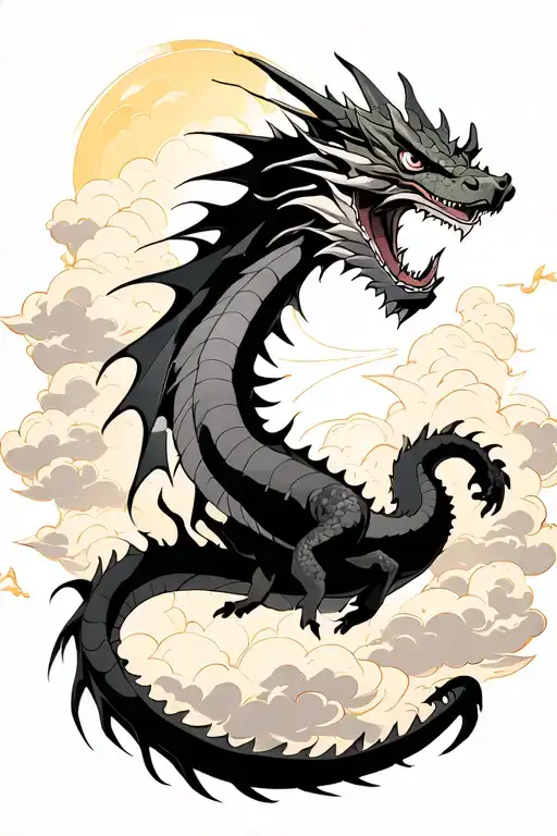 Momonosukes Dragon From One Piece Flying Into Golden Clouds Above