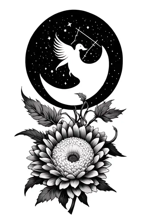 Chrysanthemum Flower Waning Gibbous Moon And Sagittarius Constellation