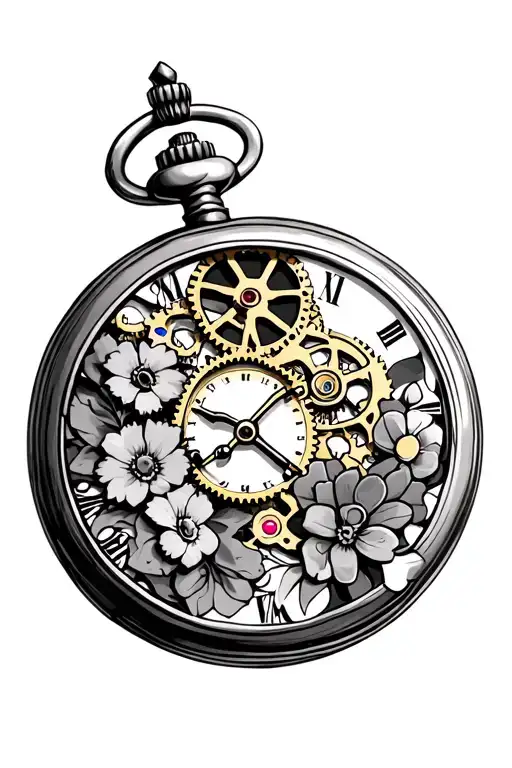Pocket Watch With Gears Inside The Middle With Flowers