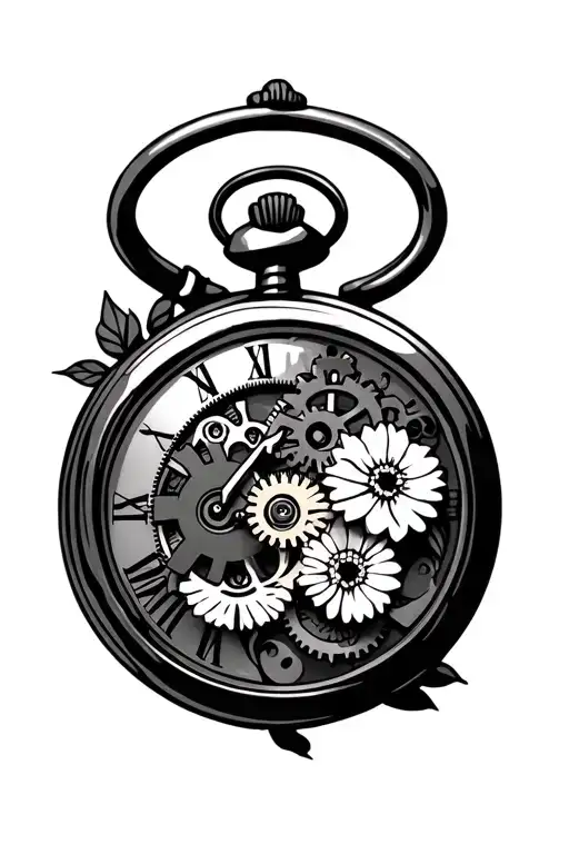 Pocket Watch With Gears Inside The Middle With Flowers