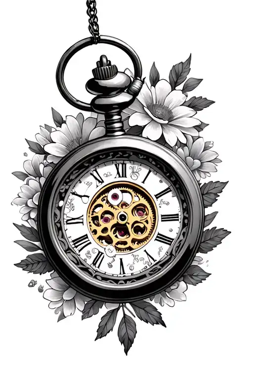 Pocket Watch With Gears Inside The Middle With Flowers