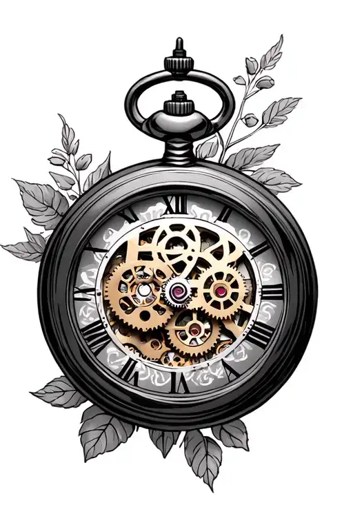 Pocket Watch With Gears Inside The Middle With Flowers