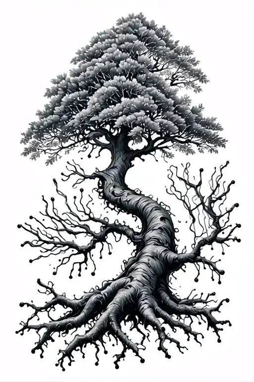 A Calf Tattoo Of A Rowan Tree Where The Roots Turn Into Circuit Board Traces