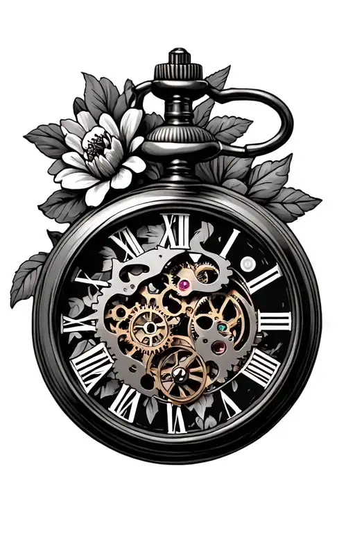 Pocket Watch With Gears Inside The Middle With Flowers