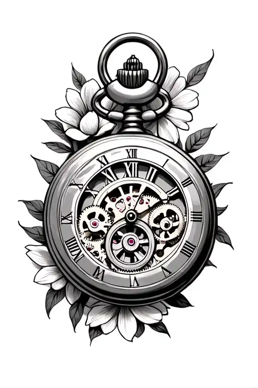 Pocket Watch With Gears Inside The Middle With Flowers Around It