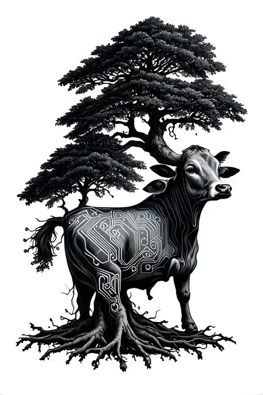 A Calf Tattoo Of A Rowan Tree Where The Roots Turn Into Circuit Board Traces