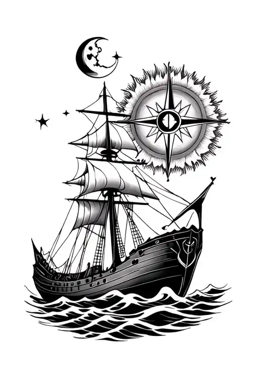 Waves Compass Ship Anchor Moon And Sun