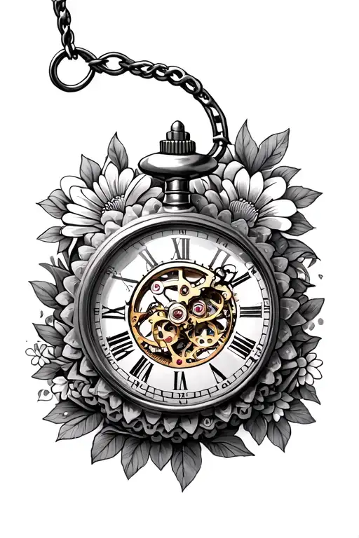 Pocket Watch With Gears Inside The Middle With Flowers Around It