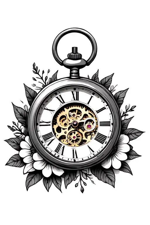 Pocket Watch With Gears Inside The Middle With Flowers Around It