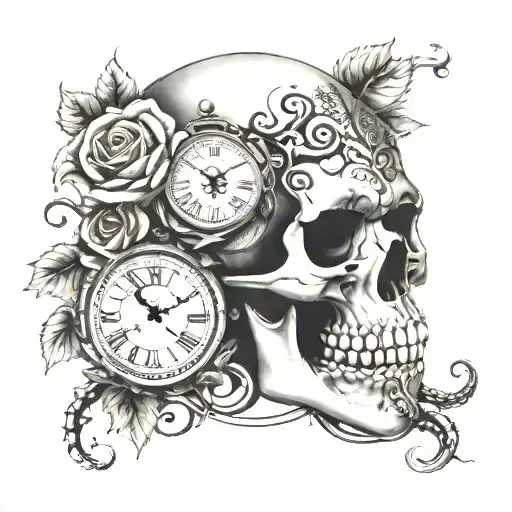 Skull And Rose With Clock And Snake Coiled