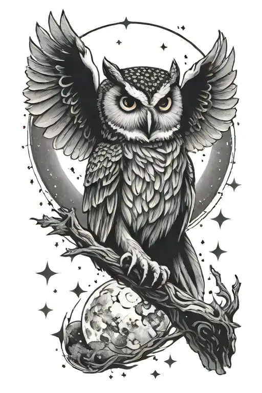 Owl And Moon Surrounded By Stars