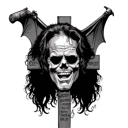 Ozzy Osbourne Death Date Scrolll Cross With Ozzys Head On A Bat On Top Of The Cross