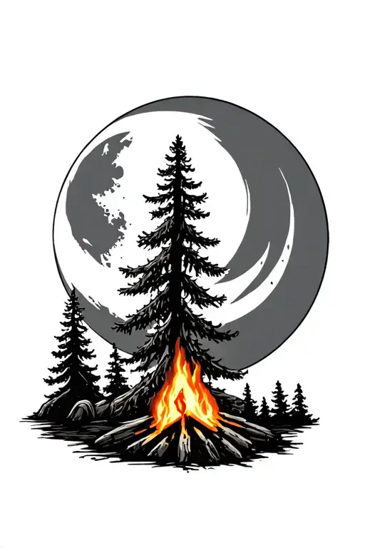 Pine Trees Campfire And Moon Surrounded