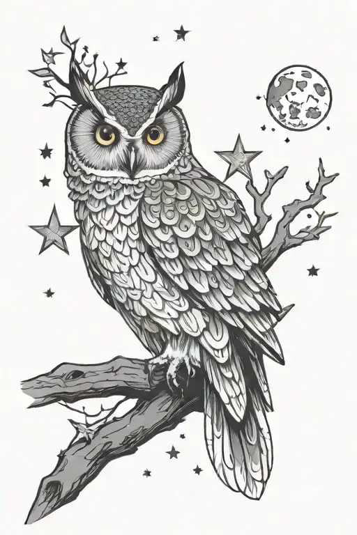 Owl And Moon Surrounded By Stars
