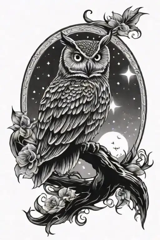 Owl And Crescent Moon Surrounded By Stars