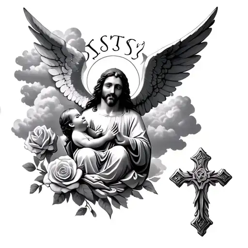 Jesus With Little Praying Baby Angel Numeral Numbers With Clouds And Rose And Cros